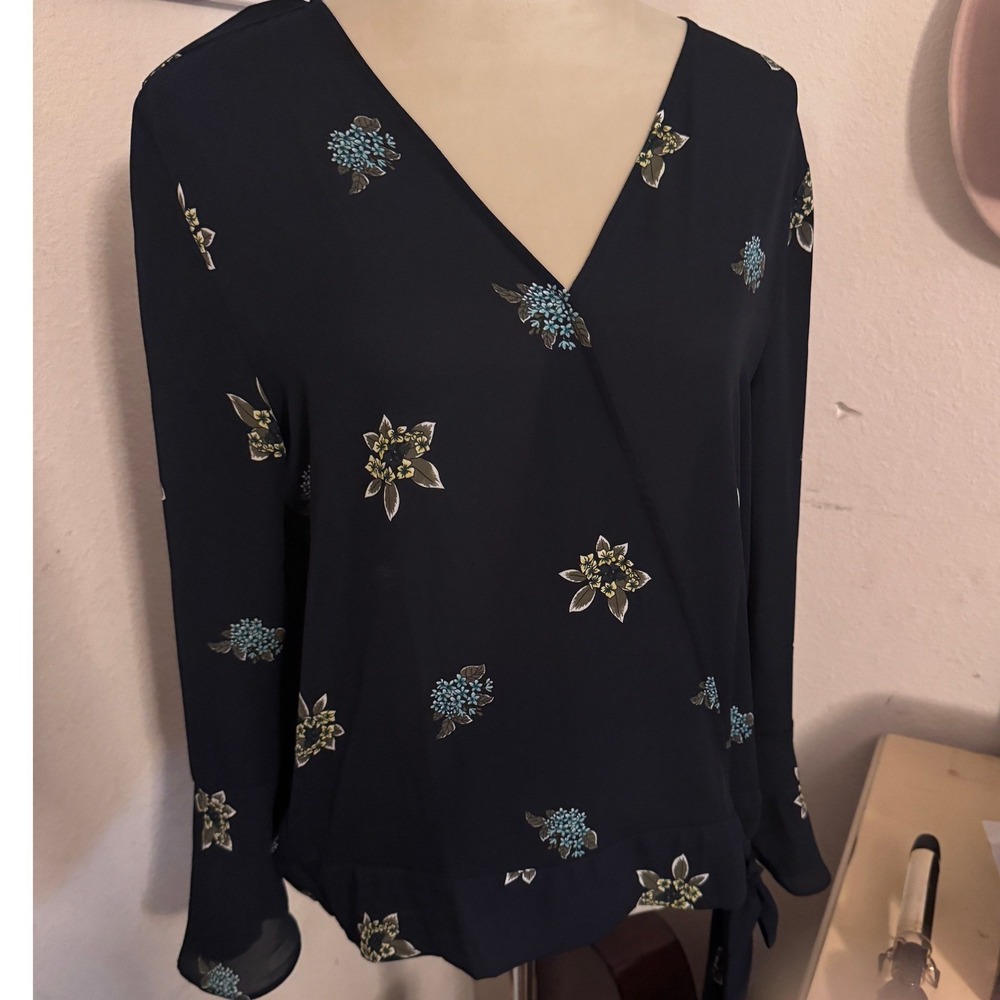 Loft Outlet Navy Blue Floral Wrap Blouse Long Bell Sleeve Side Tie Top Large